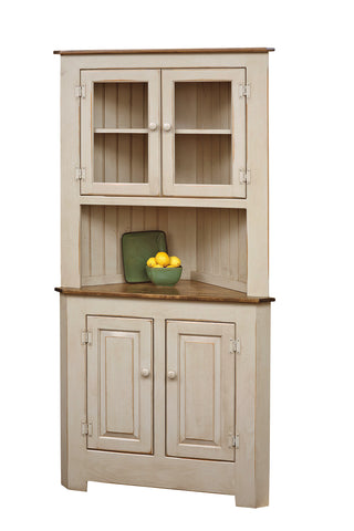 Farmhouse Amish Corner Cabinet - Sandstone Paint with Special Walnut Stained Tops