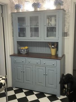 Farmhouse Hutch - Vintage Blue Paint w/ Kono Stained Tops