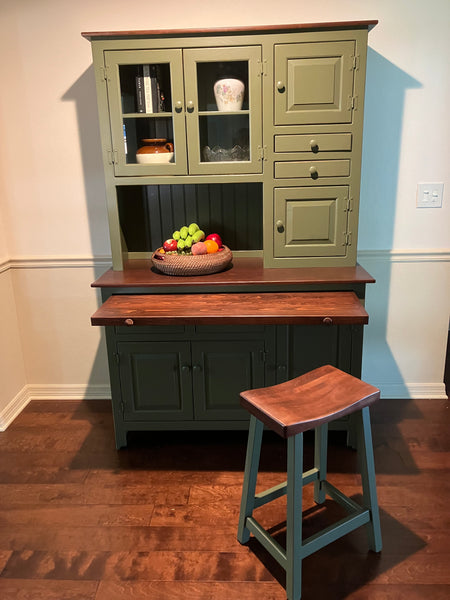 Amish Hoosier Cabinet - Moss Green w/ Acres Cherry Tops & Tray
