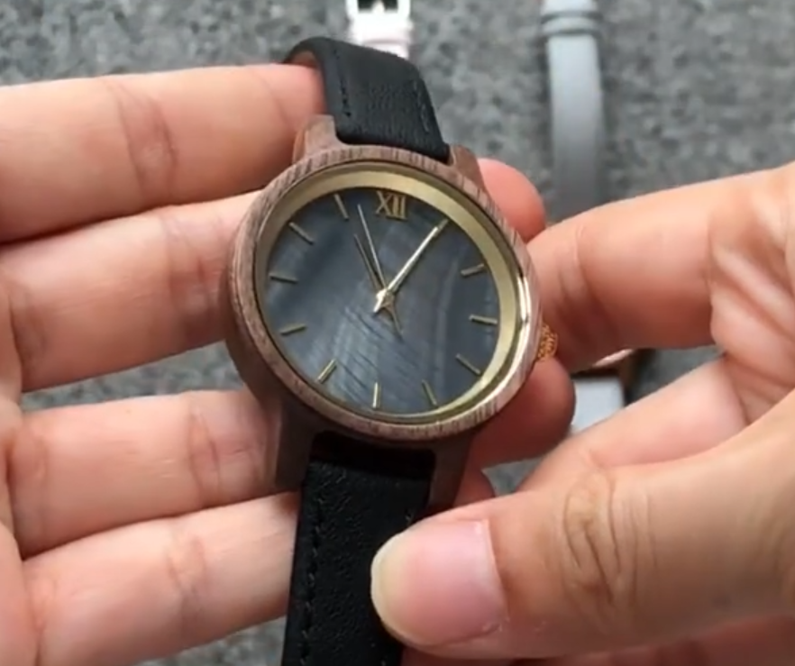 Anna Maria / Walnut - Women's Wood Watch / Sea Shell Face & Black Leather Band