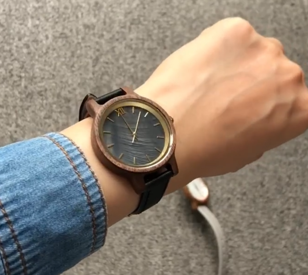 Anna Maria / Walnut - Women's Wood Watch / Sea Shell Face & Black Leather Band