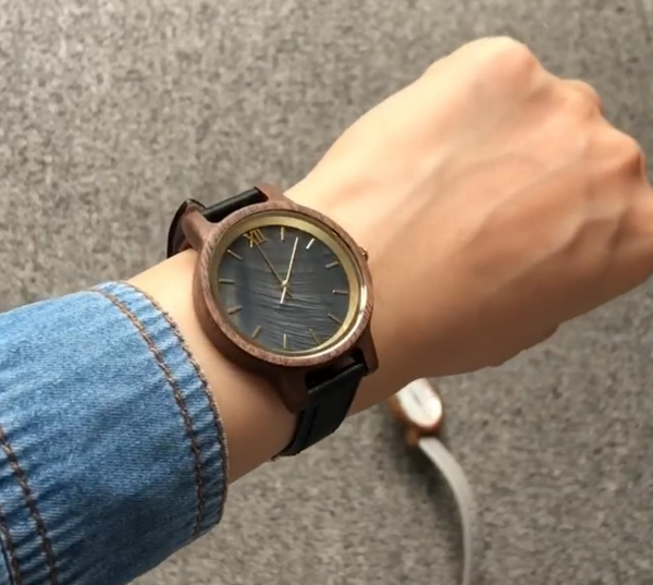 Anna Maria / Walnut - Women's Wood Watch / Sea Shell Face & Black Leather Band