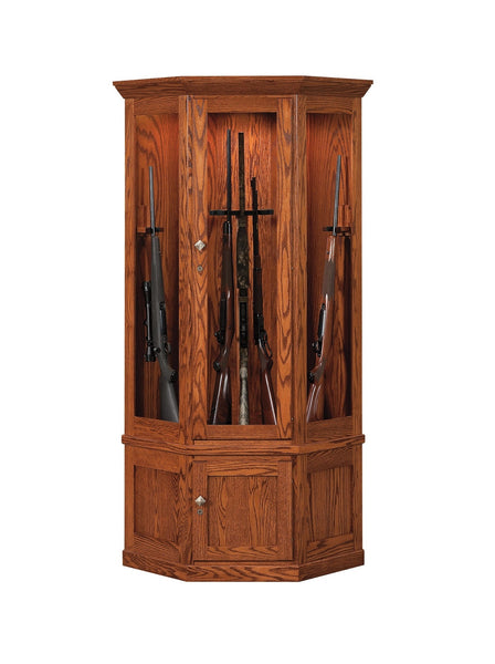 Amish Corner Gun Cabinet with Rotating Gun Carousel - Oak