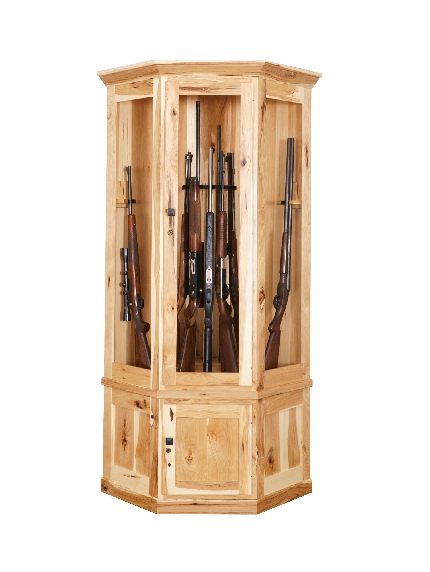 Amish Corner Gun Cabinet with Rotating Gun Carousel - Rustic Hickory