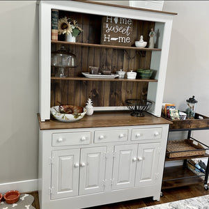 Amish Farmhouse Open Shelf Hutch - Primitive White w/ Special Walnut Tops, Back, & Shelves