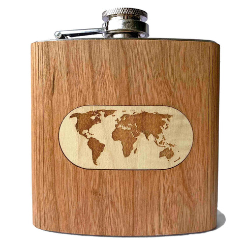 World Map Flask - Mahogany Wood with Maple Inlay
