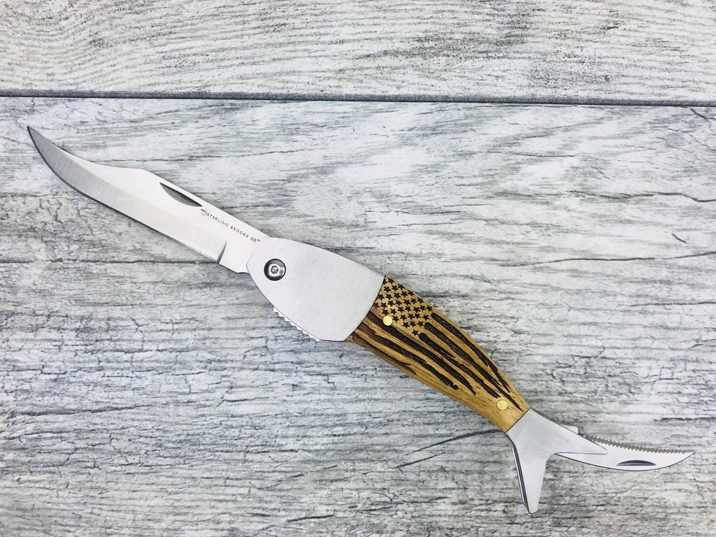 Fish Design - Wooden Pocket Knife / American Flag Etching