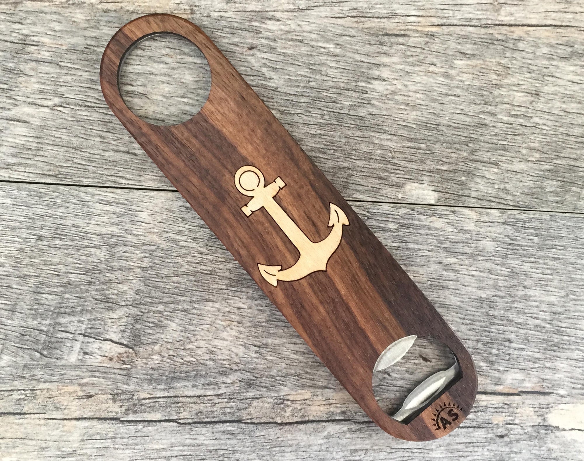 Walnut Wood Bottle Opener with Maple Wood Anchor Inlay
