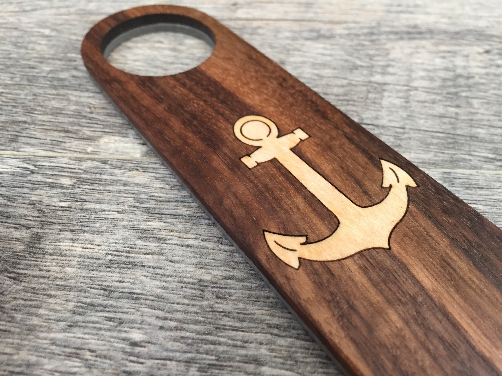 Walnut Wood Bottle Opener with Maple Wood Anchor Inlay