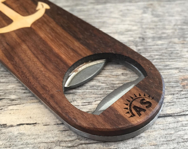 Walnut Wood Bottle Opener with Maple Wood Anchor Inlay