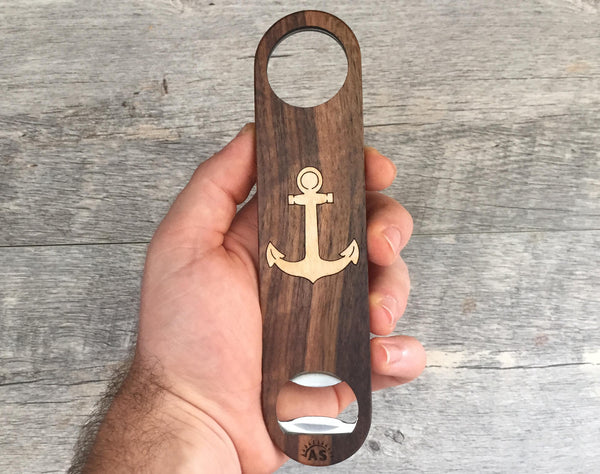 Walnut Wood Bottle Opener with Maple Wood Anchor Inlay