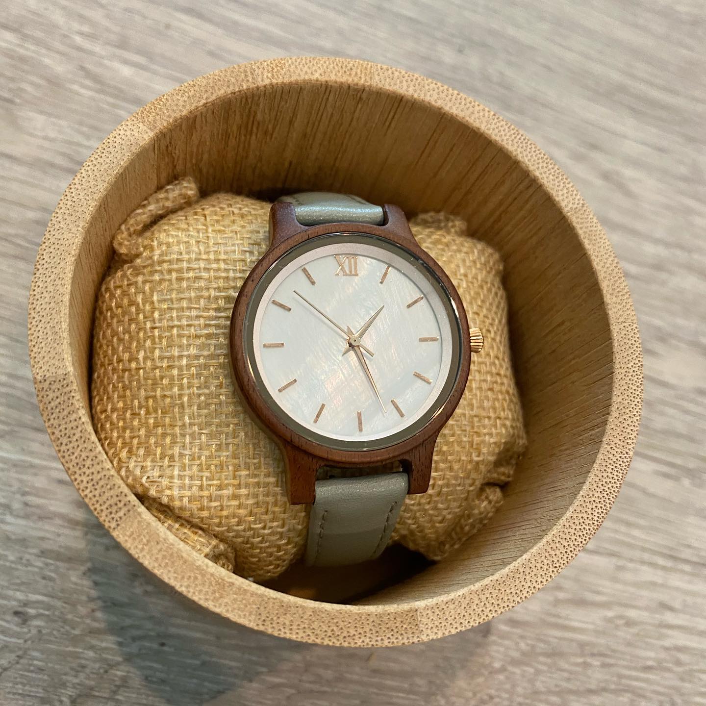 Anna Maria / Koa Wood - Women's Wood Watch / Sea Shell Face & Grey Leather Band