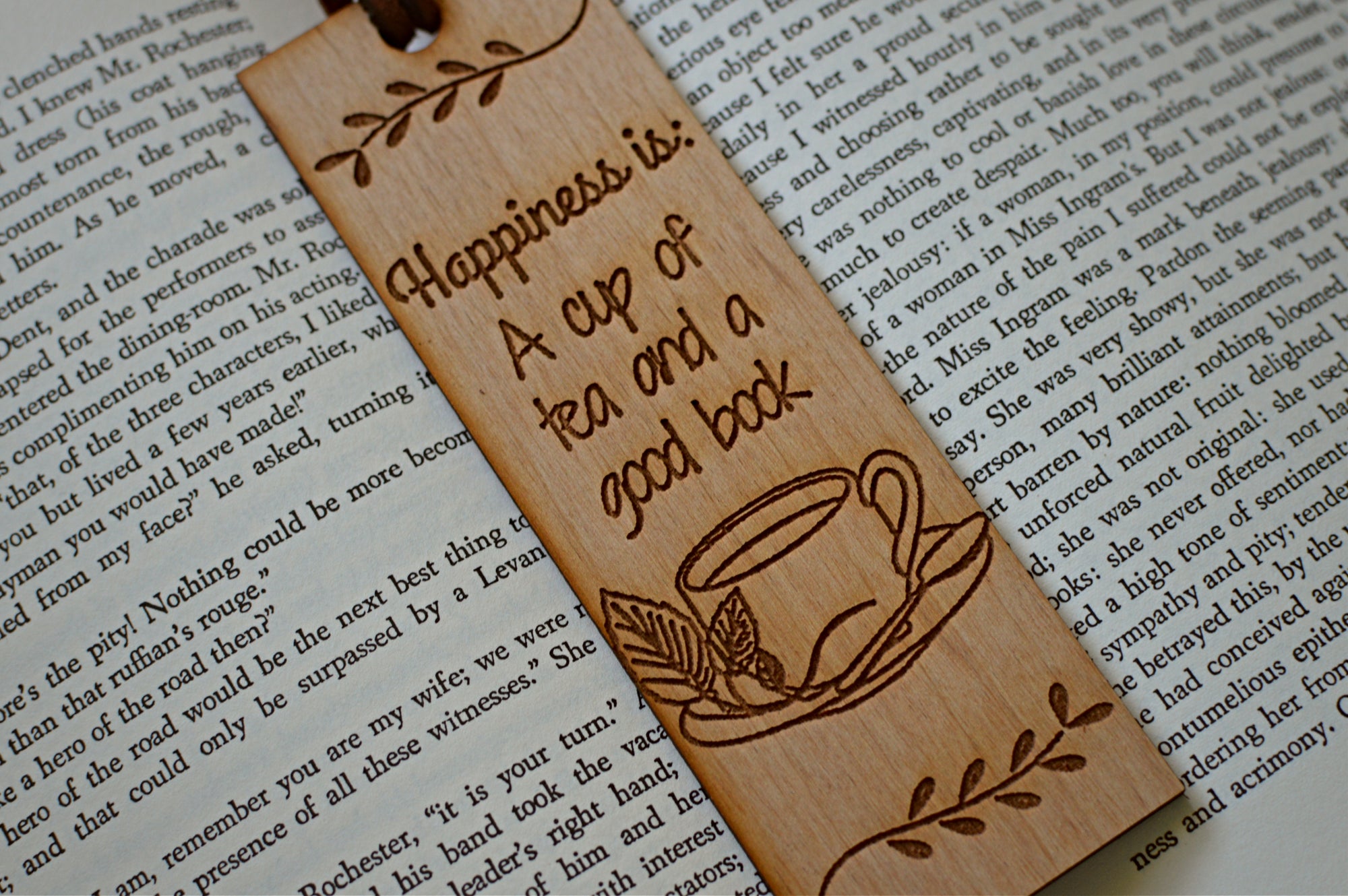Happiness is a Cup of Tea and a Good Book Wood Bookmark