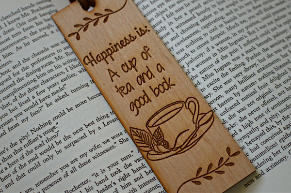 Happiness is a Cup of Tea and a Good Book Wood Bookmark
