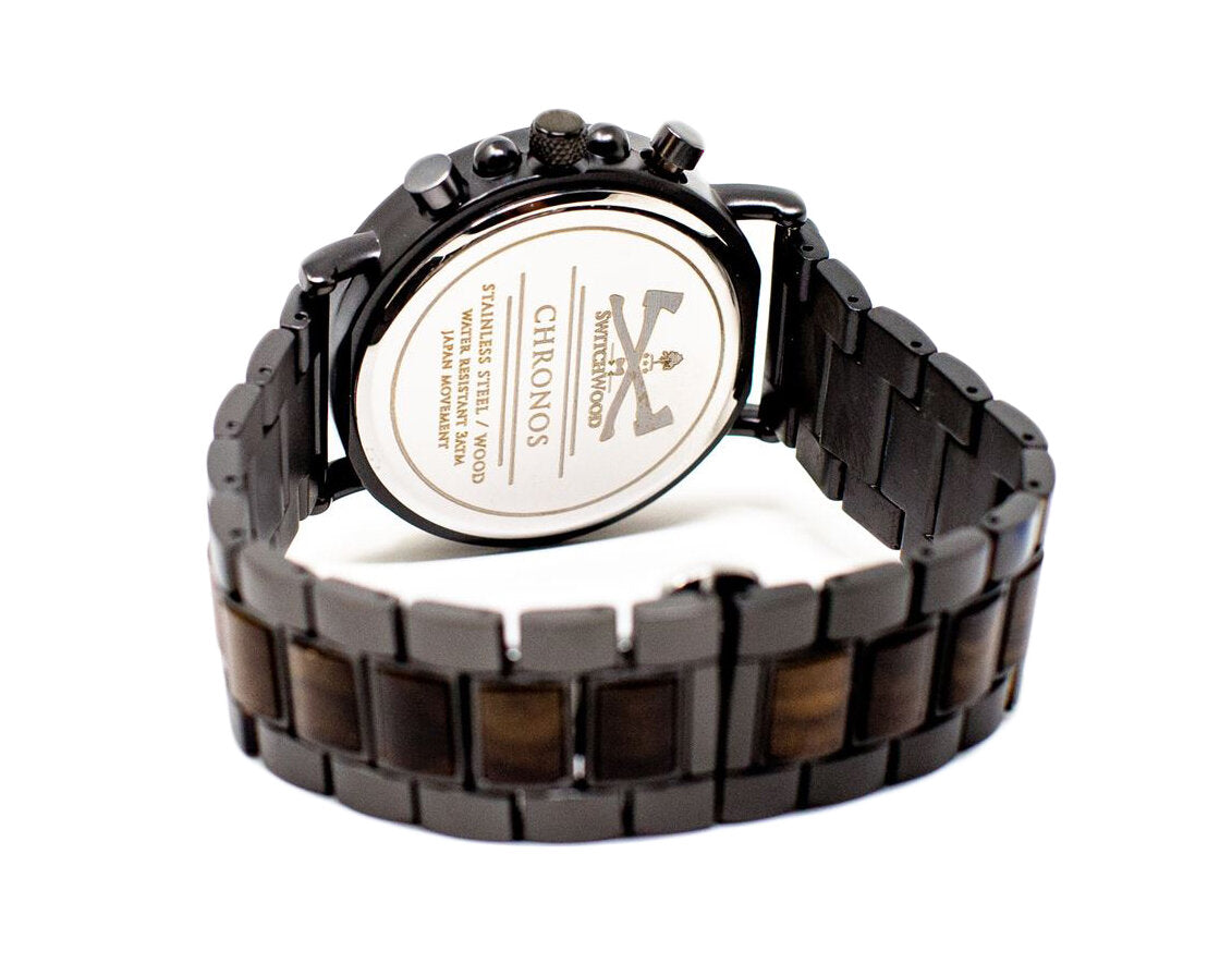 Ebony Wood & Gunmetal Steel Chronograph Watch (Back View) by Switchwood