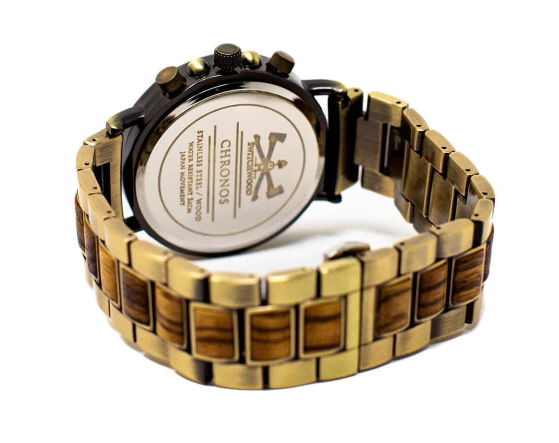 Zebra Wood & Brass Stainless Steel Watch by Switchwood