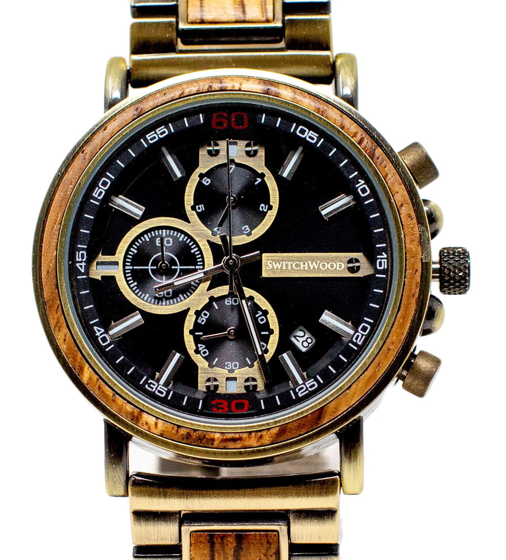 Zebra Wood & Brass Stainless Steel Watch by Switchwood