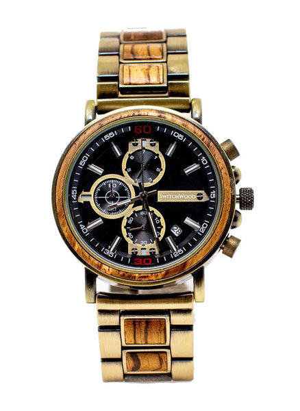 Zebra Wood & Brass Stainless Steel Watch by Switchwood