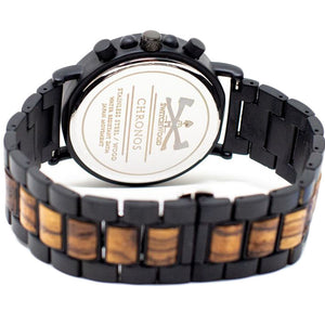 Zebrawood & Matte Black Stainless Steel Chronograph Watch (Back View) by Switchwood