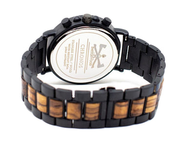 Zebrawood & Matte Black Stainless Steel Chronograph Watch (Back View) by Switchwood