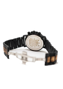 Zebrawood & Matte Black Stainless Steel Chronograph Watch (Back View) by Switchwood