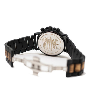 Zebrawood & Matte Black Stainless Steel Chronograph Watch (Back View) by Switchwood