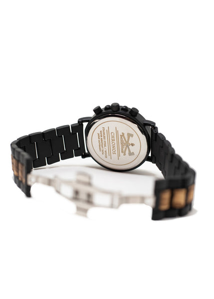 Zebrawood & Matte Black Stainless Steel Chronograph Watch (Back View) by Switchwood