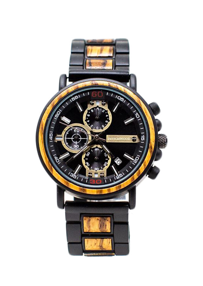 Zebrawood & Matte Black Stainless Steel Chronograph Watch by Switchwood