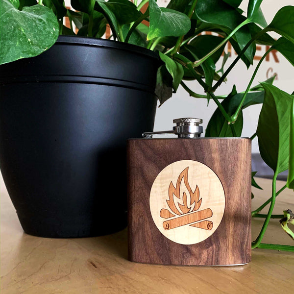 Campfire Wood Flask - Walnut Wood with Maple & Cherry Campfire Inlay