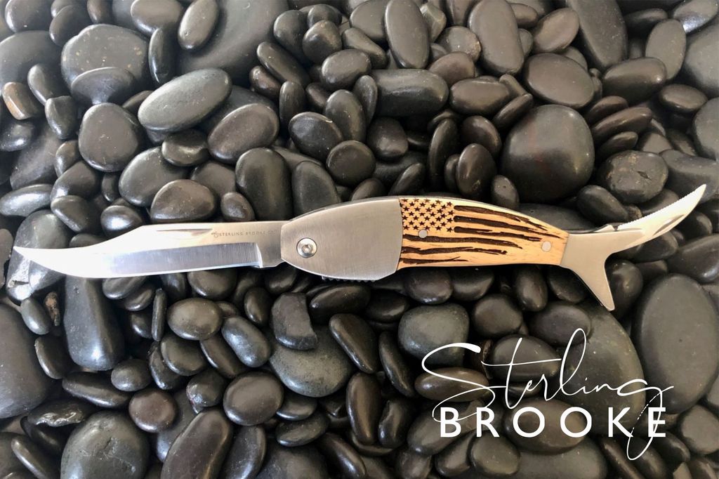 Fish Design - Wooden Pocket Knife / American Flag Etching - The Wood Reserve