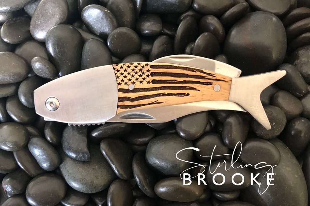 Fish Design - Wooden Pocket Knife / American Flag Etching