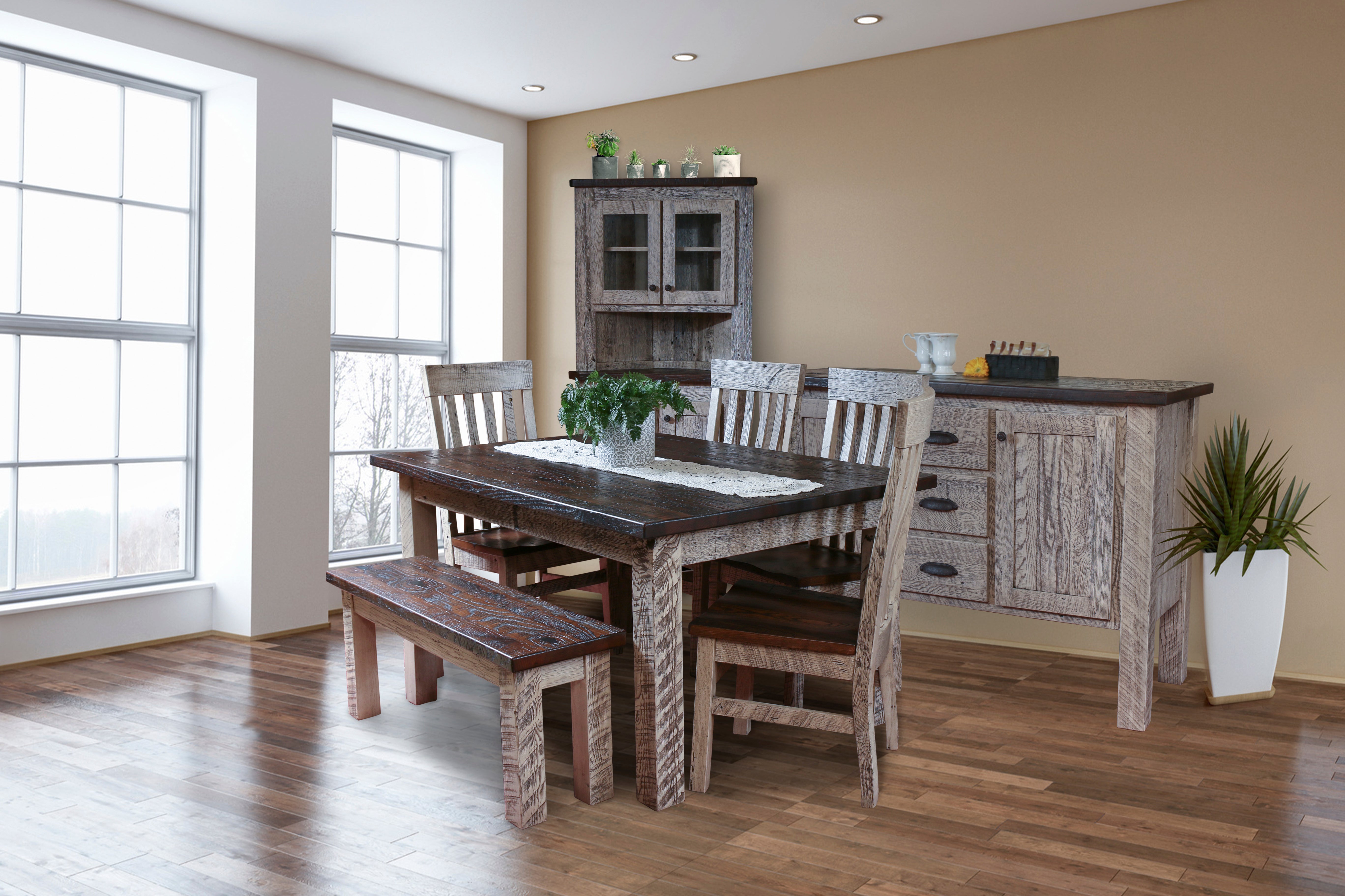 Reclaimed barnwood dining table with bench
