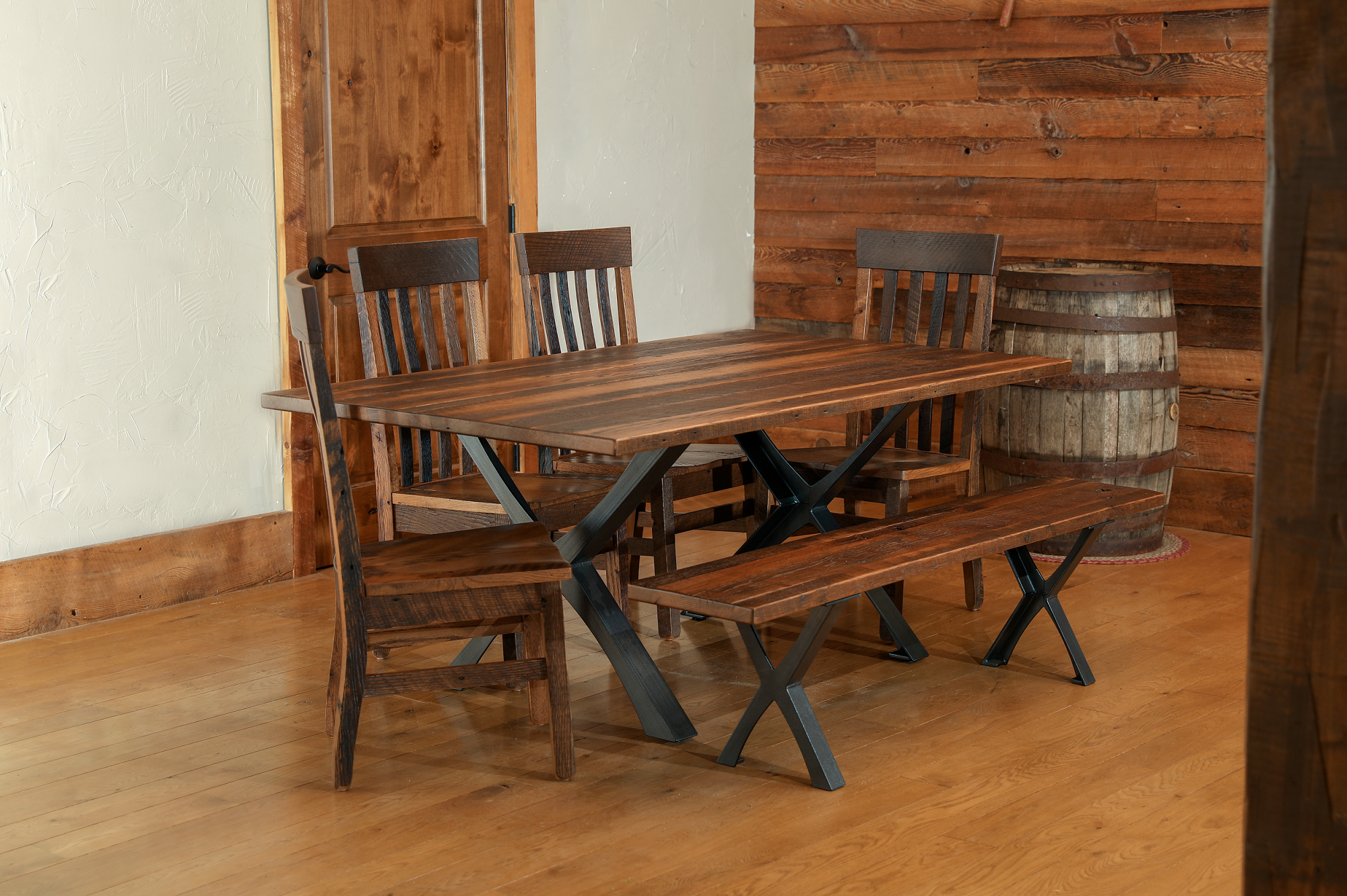 Barn wood table and discount chairs