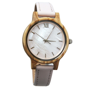 White Shell & Olive Wood Women's Watch