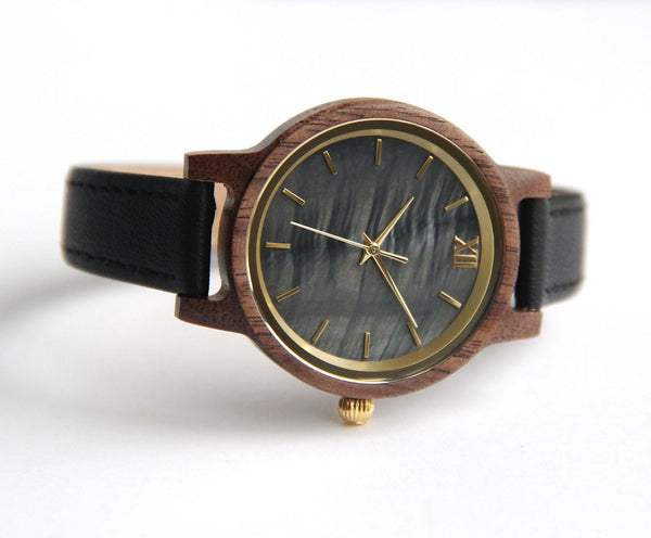 Anna Maria / Walnut - Women's Wood Watch / Sea Shell Face & Black Leather Band