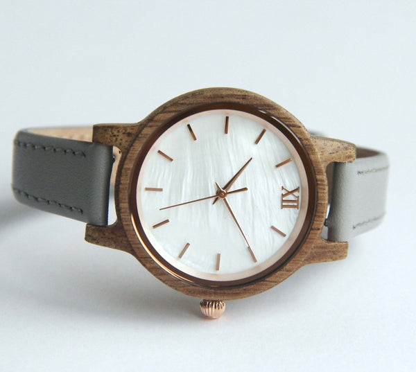Anna Maria / Koa Wood - Women's Wood Watch / Sea Shell Face & Grey Leather Band