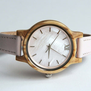 Olive Wood & Shell Face - Women's Watch with Pink Leather Band