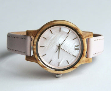 Olive Wood & Shell Face - Women's Watch with Pink Leather Band