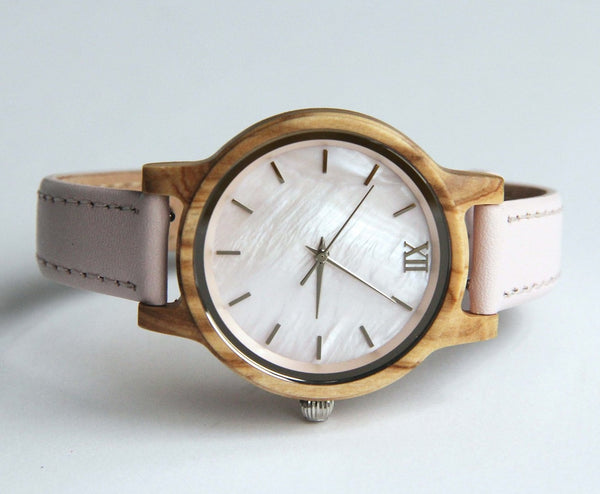 Olive Wood & Shell Face - Women's Watch with Pink Leather Band