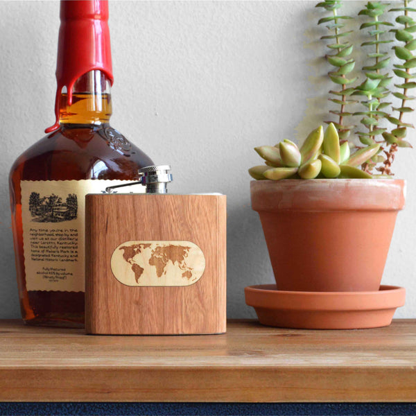 World Map Flask - Mahogany Wood with Maple Inlay