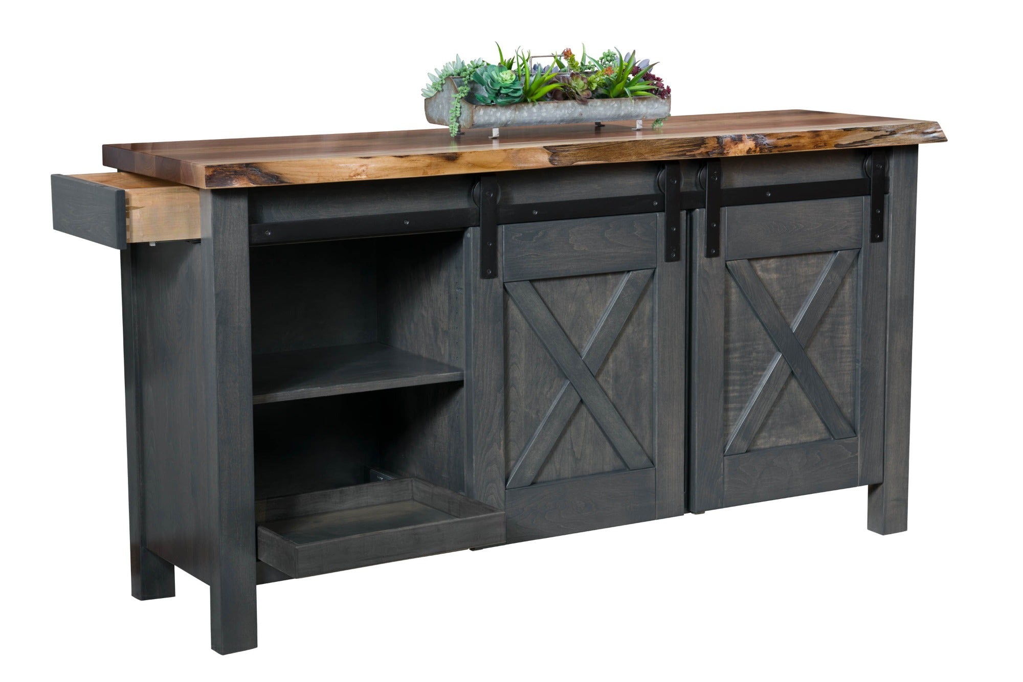 Westland - Amish Barn Door Sideboard w/ Live Edge Top & Hidden Drawer