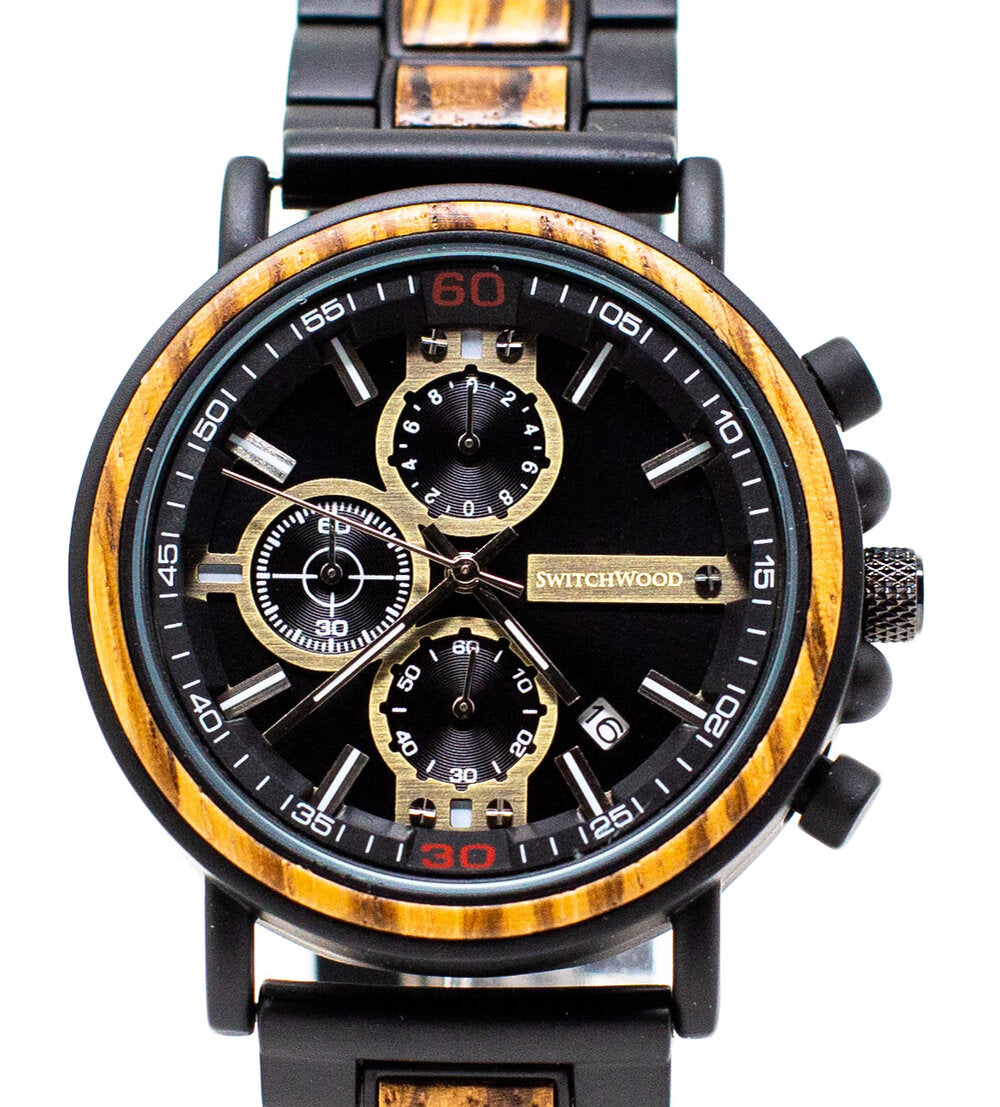 Zebrawood & Matte Black Stainless Steel Chronograph Watch by Switchwood