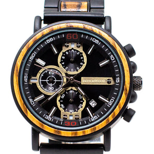Zebrawood & Matte Black Stainless Steel Chronograph Watch by Switchwood