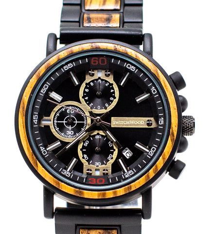 Zebrawood & Matte Black Stainless Steel Chronograph Watch by Switchwood