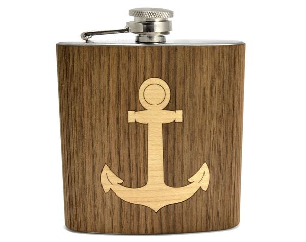 Anchor Inlay Hip Flask - Walnut Wood with Maple Wood Anchor Inlay
