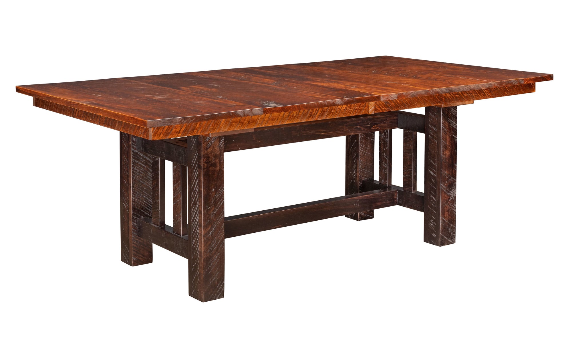 Rough Cut Trestle Table - Michaels Cherry Stained Top with  Smokehouse Stained Base