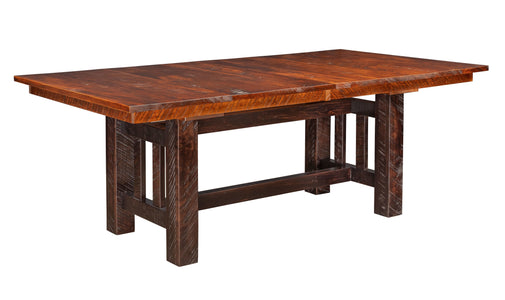 Rough Cut Trestle Table - Michaels Cherry Stained Top with  Smokehouse Stained Base
