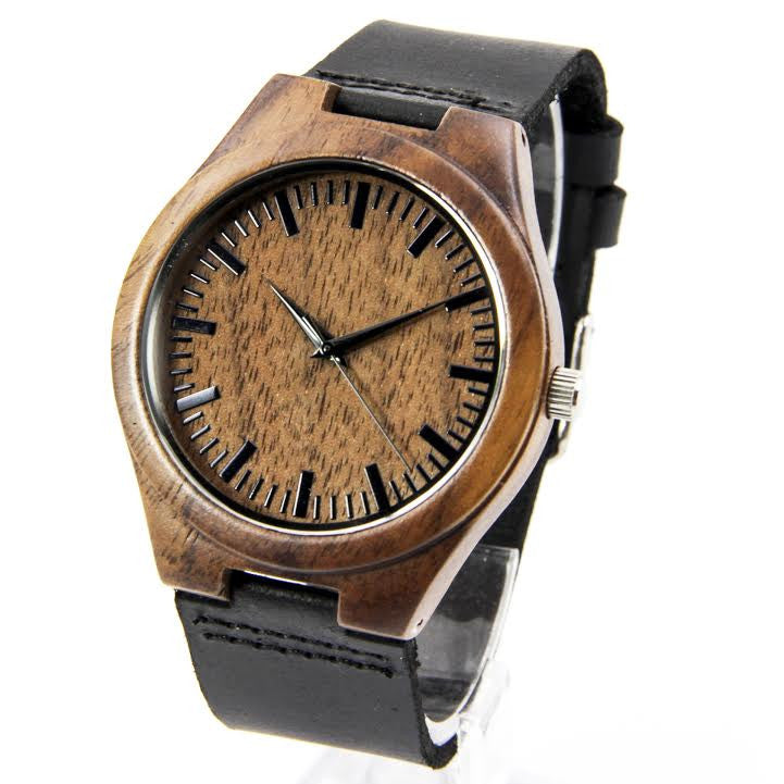 Solid Wood Watch with Black Leather Band